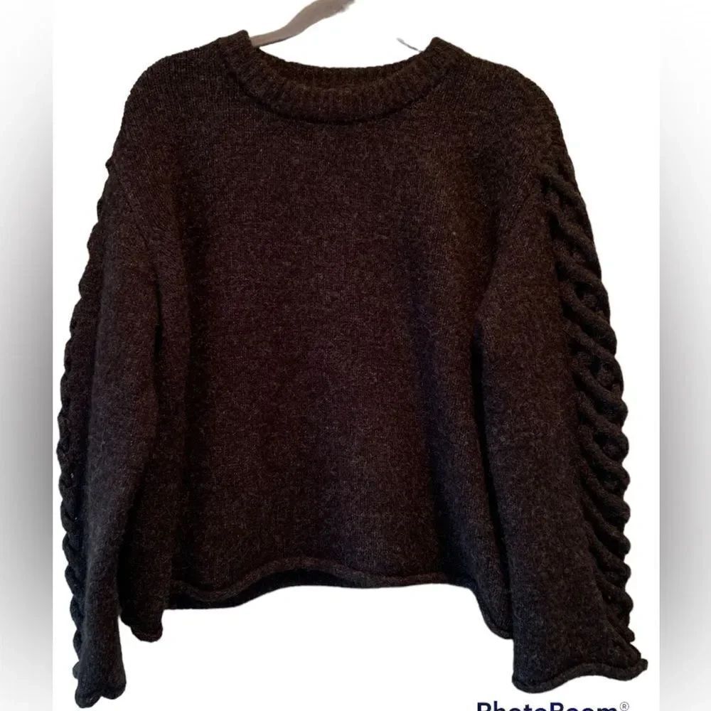 Coco & Carmen Brown Braided Sleeve Wool Pullover Sweater L/XL